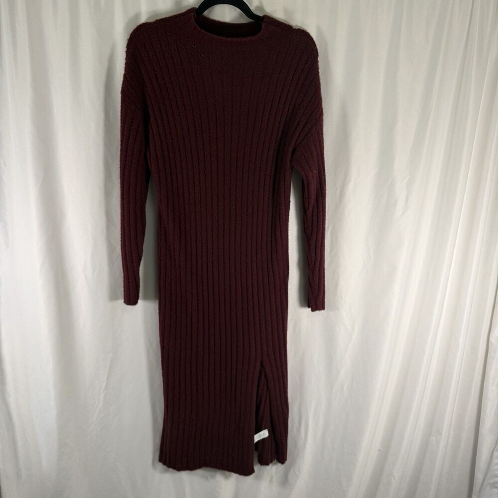 Aerie Sweater Dress Women's Medium Burgundy Soft Fuzzy Midi Length Mock Neck